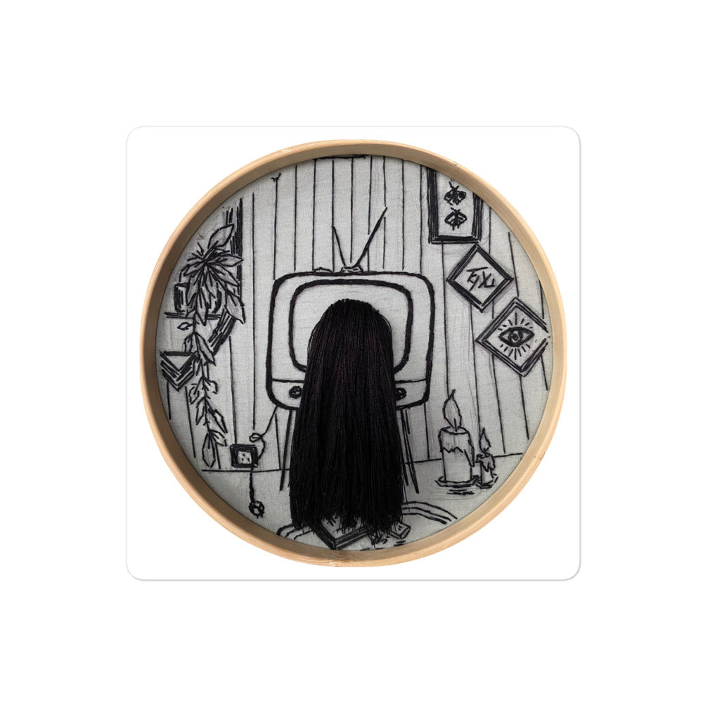 Black thread embroidered retro living room with girl's head and hair coming out of TV and self-help book on floor