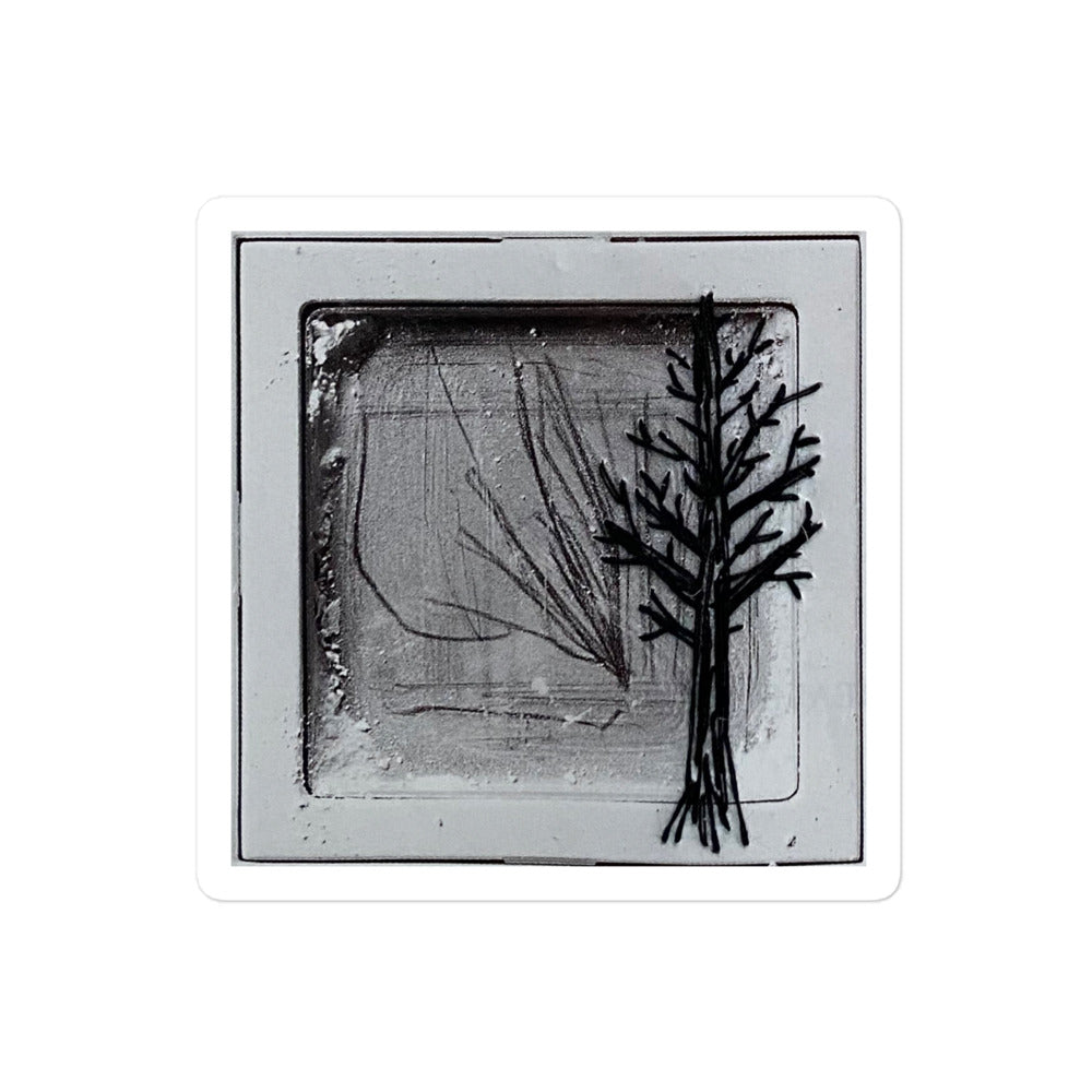 Black thread embroidered bare winter tree on vintage magazine page