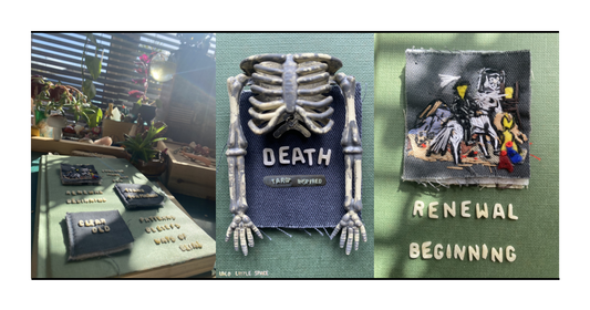Death tarot card — hand embroidered on reclaimed linen fabric, Tiny Tarot Art series by Lolo Little Space
