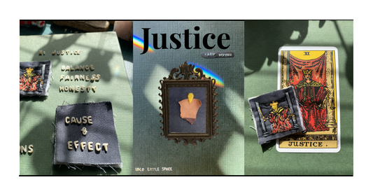 Justice tarot card — hand embroidered on reclaimed linen fabric, Tiny Tarot Art series by Lolo Little Space