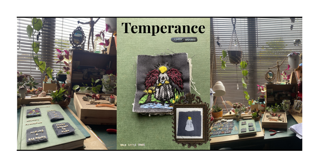 Temperance tarot card — hand embroidered on reclaimed linen fabric, Tiny Tarot Art series by Lolo Little Space