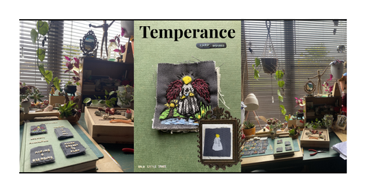 Temperance tarot card — hand embroidered on reclaimed linen fabric, Tiny Tarot Art series by Lolo Little Space