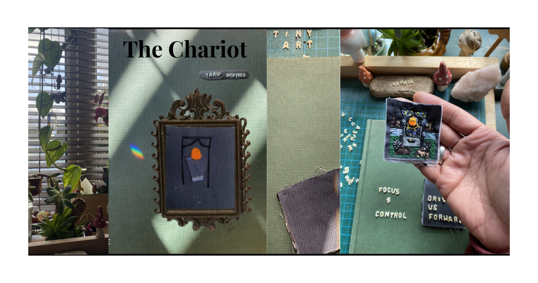 Hand-embroidered Chariot tarot card on reclaimed fabric - Tiny Tarot Art Series by Lolo Little Space