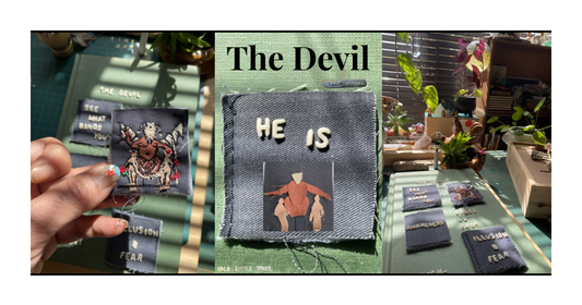 The Devil hand-embroidered tarot card on reclaimed linen by Lolo Little Space