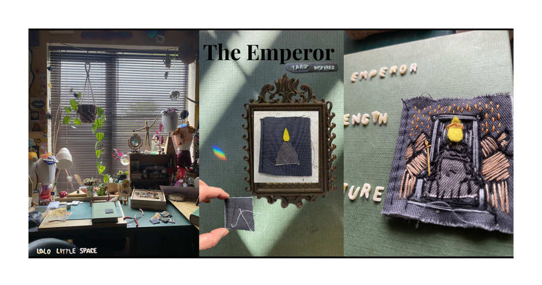 Hand-embroidered Emperor tarot card on reclaimed fabric - Card 4 of the Major Arcana Tiny Tarot Art Series by LOLO LITTLE SPACE