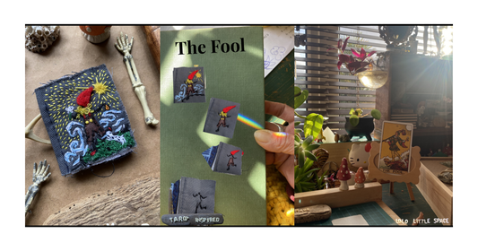 Hand-embroidered tarot card The Fool on reclaimed linen fabric - Card 0 of the Major Arcana featuring figure at cliff edge with small dog