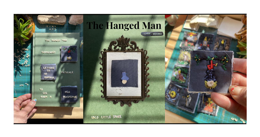 The Hanged Man tarot card — hand embroidered on reclaimed linen fabric, Tiny Tarot Art series by Lolo Little Space