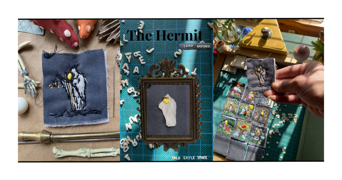 The Hermit tarot card — hand-embroidered on reclaimed fabric by Lolo Little Space