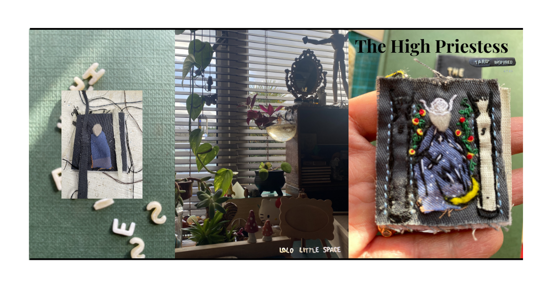 Hand-embroidered High Priestess tarot card on reclaimed fabric - Tiny Tarot Art Series by LOLO LITTLE SPACE