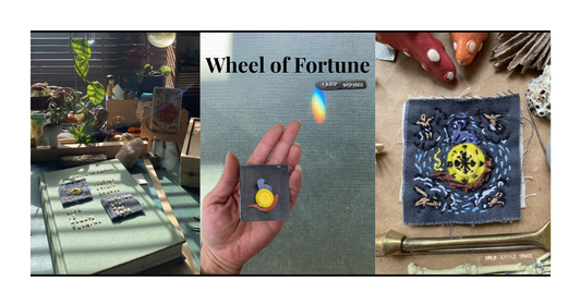 Wheel of Fortune tarot card — hand embroidery on reclaimed fabric | Tiny Tarot Art Series by Lolo Little Space