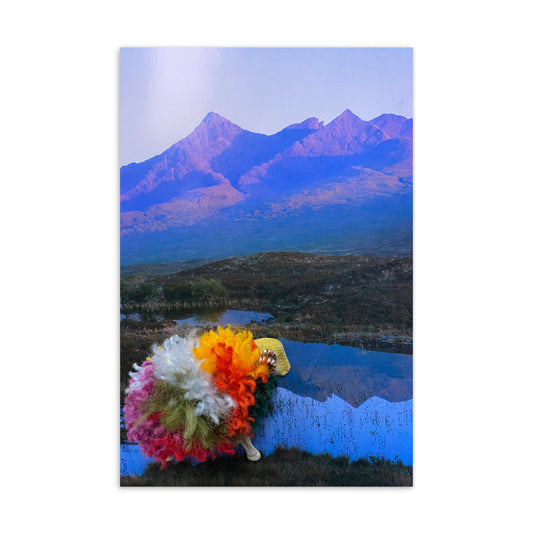Rainbow yarn embellished sheep on Irish landscape postcard with be yourself message
