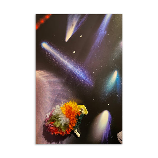 Rainbow yarn embellished sheep floating in space with cosmic backdrop postcard
