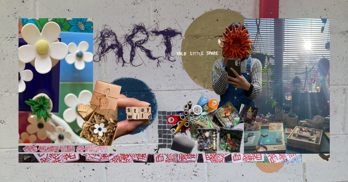 Lolo Little Space studio workspace showing artist with embroidered sun artwork, handmade tarot art, daisy rings, gift boxes and creative process.