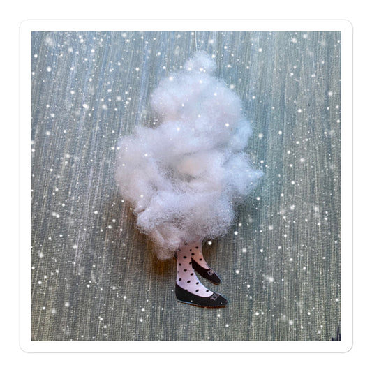 Whimsical figure with polka dot tights and fluffy cloud body in diving position