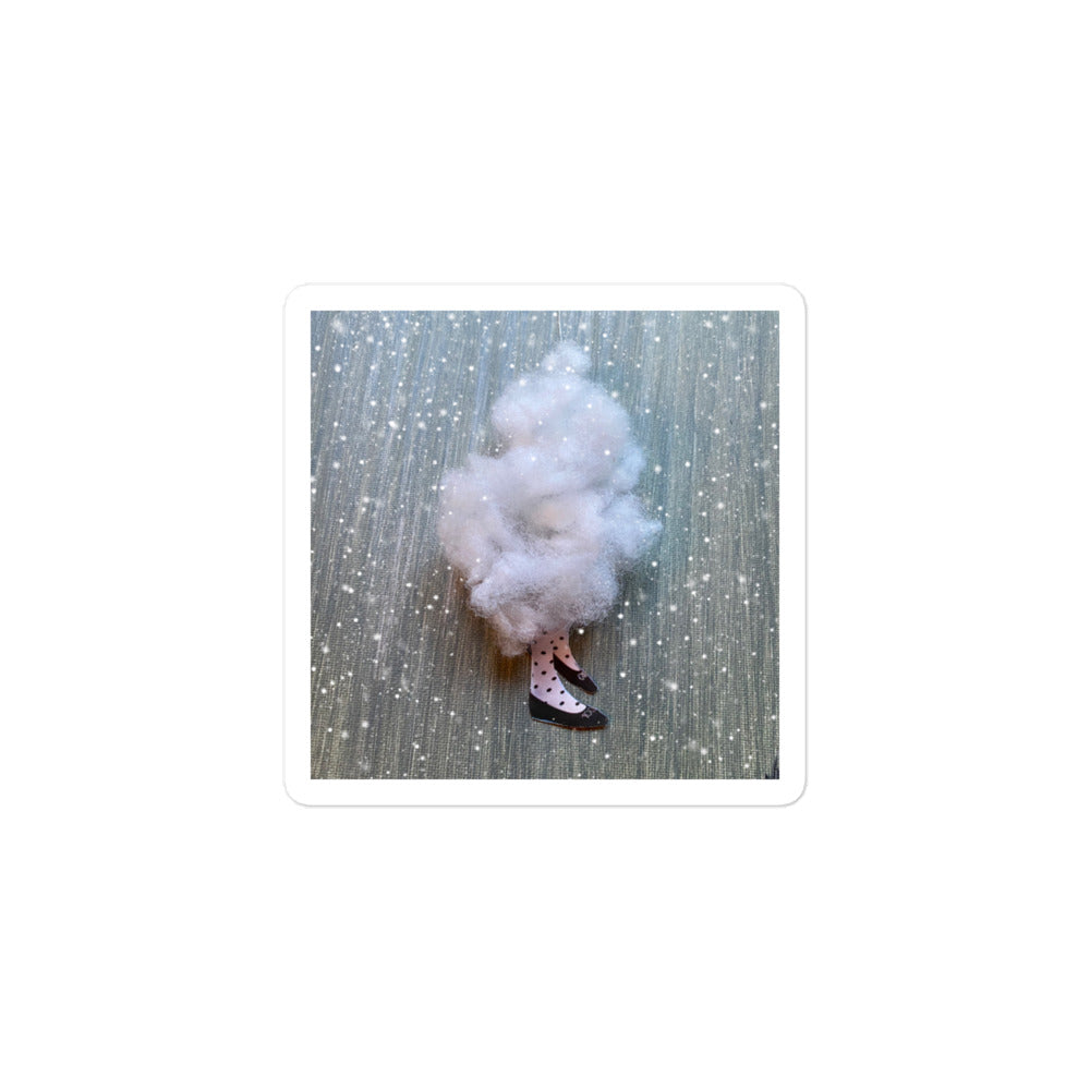 Whimsical figure with polka dot tights and fluffy cloud body in diving position