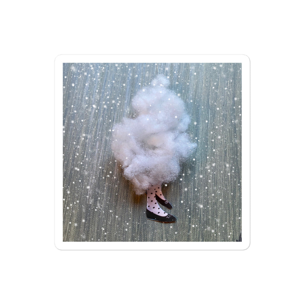 Whimsical figure with polka dot tights and fluffy cloud body in diving position