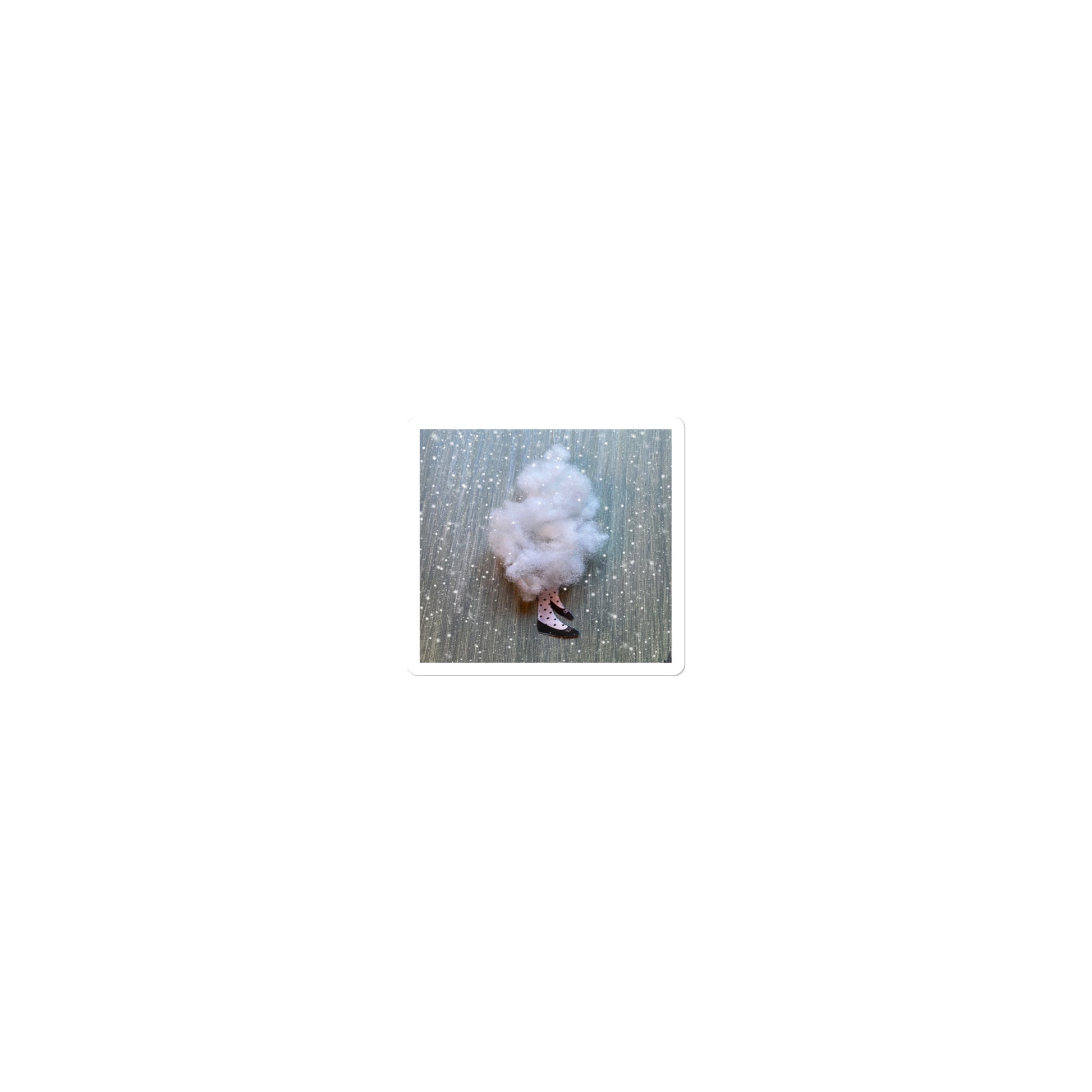 Whimsical figure with polka dot tights and fluffy cloud body in diving position