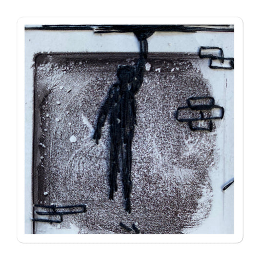 Hand-embroidered figure hanging on with one arm on vintage magazine page
