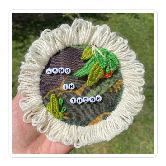 3D hand-embroidered hanging plants on hoop with beaded hang in there message
