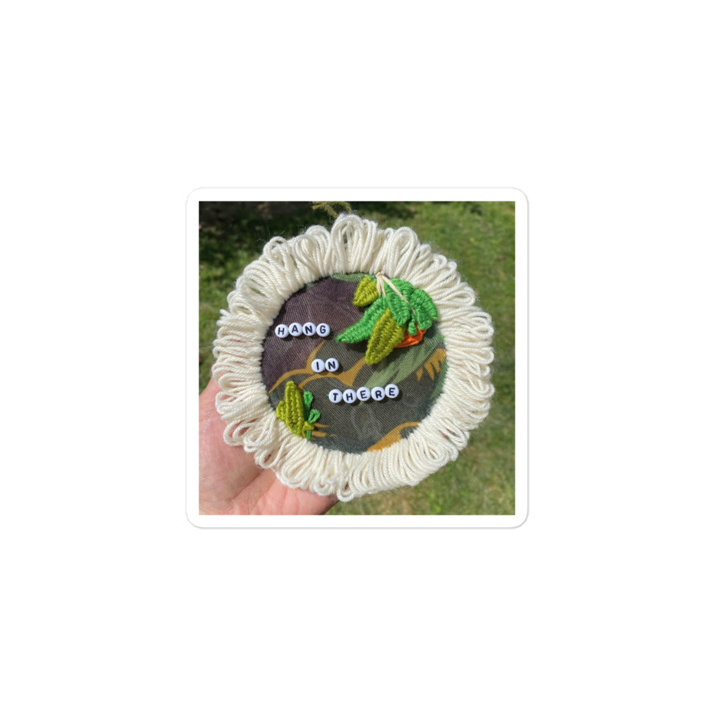3D hand-embroidered hanging plants on hoop with beaded hang in there message
