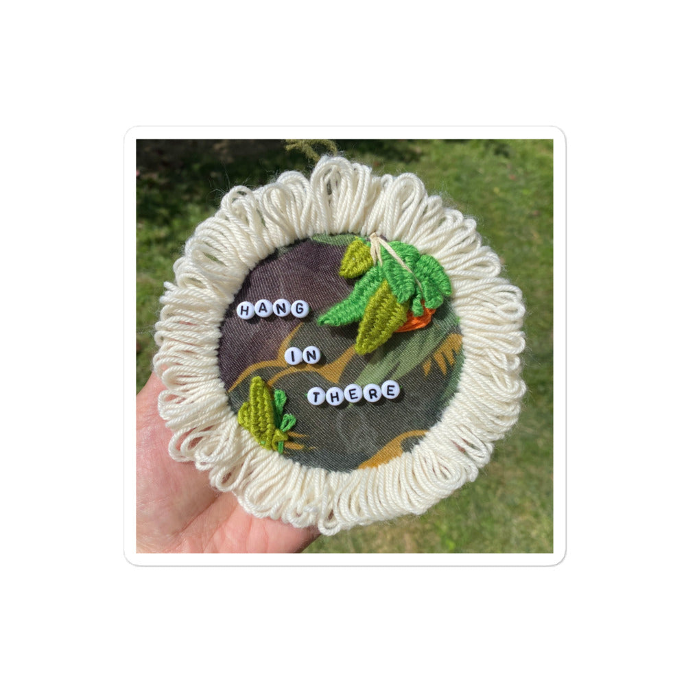 3D hand-embroidered hanging plants on hoop with beaded hang in there message
