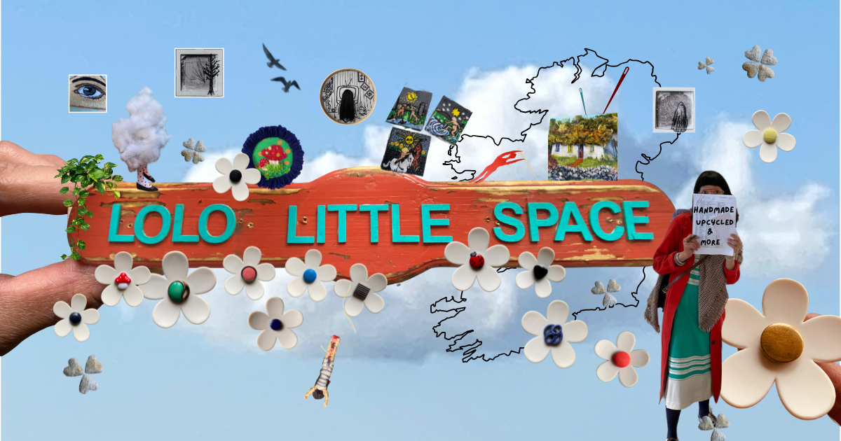 Lolo Little Space studio banner showing handmade sign held up by fingers, surrounded by tarot art, daisy rings, and upcycled artwork against blue sky backdrop with text 'Handmade, upcycled & more'