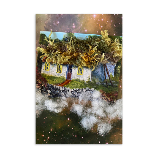 Irish cottage with embroidered textured roof and beaded windows floating in galaxy