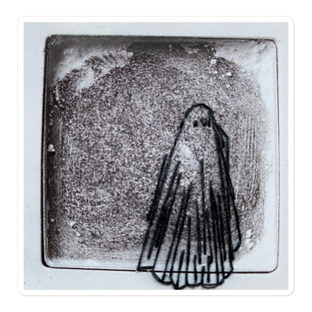 Hand-embroidered ghost figure covered with sheet on sticker
