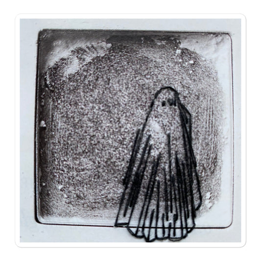 Hand-embroidered ghost figure covered with sheet on sticker