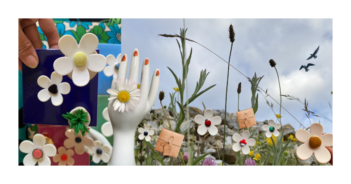 Lolo Little Space - daisy rings with wild flowers, upcycled perfume bottle jewellery