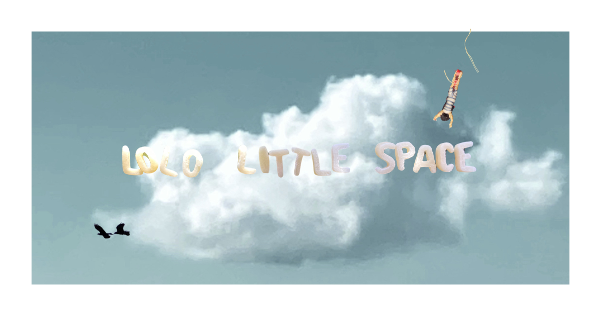 Lolo Little Space - blue sky with clouds and pasta letter spelling, with a small stitched figure diving in