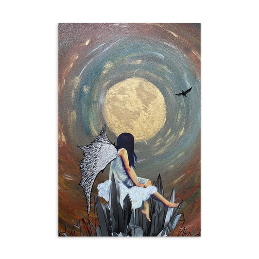 Mixed media figure with embroidered wings on crystal bed staring at painted full moon with flying eagle