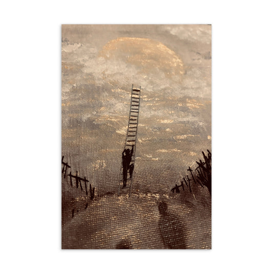Hand-painted moon lighting path with embroidered figures climbing ladder toward moon
