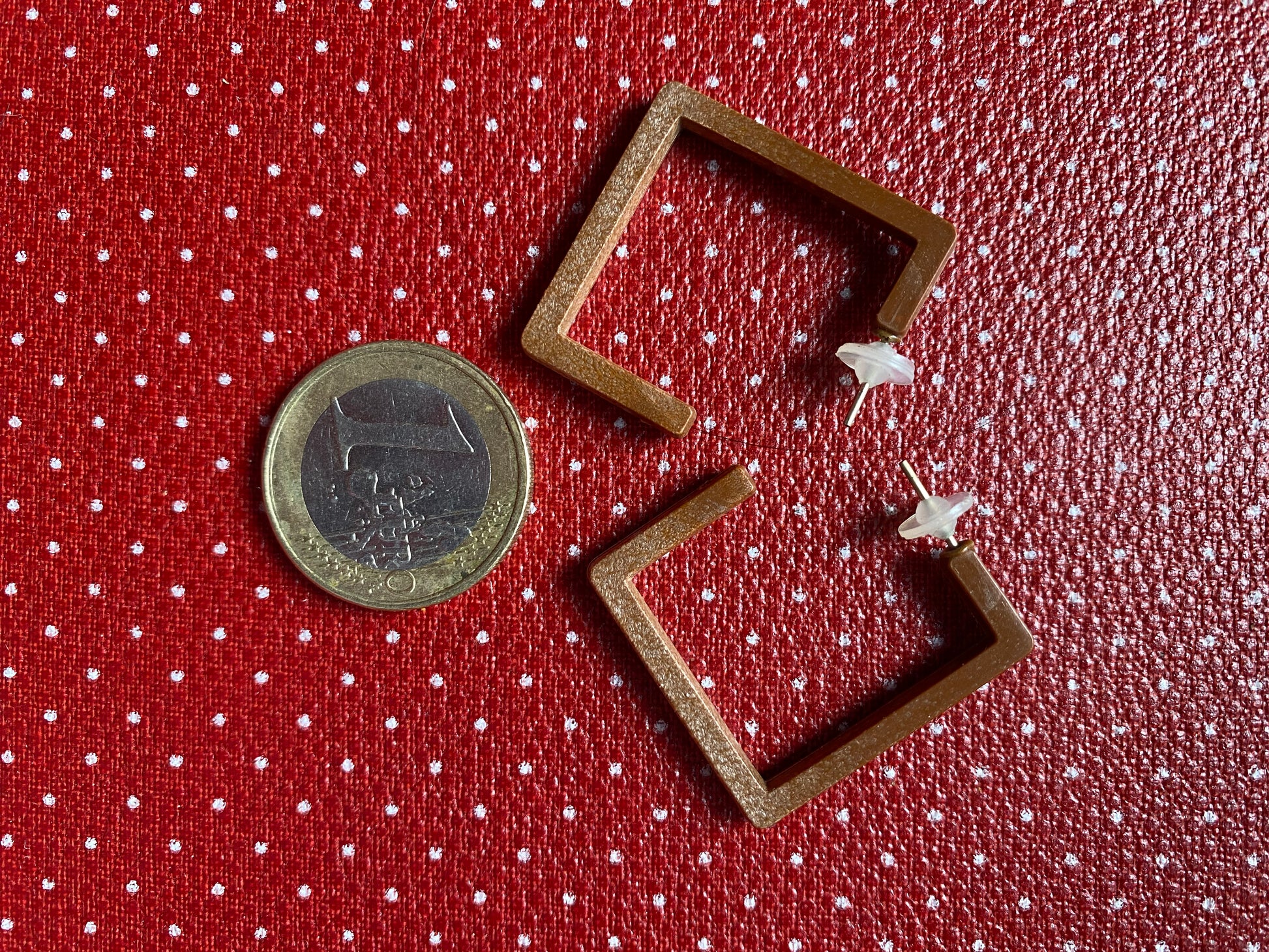 Authentic 80s Wooden square frames    earrings on a red polka dot fabric background