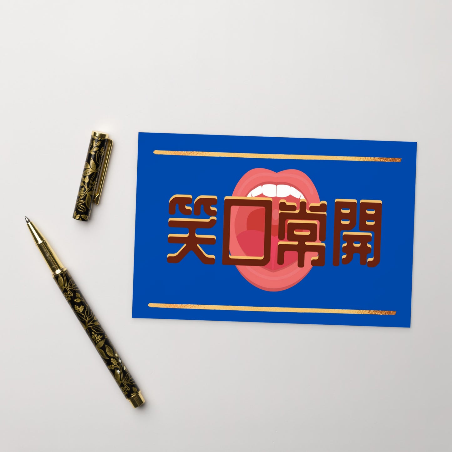 Cantonese flat card with 笑口常開 meaning May Your Smile Always Bloom
